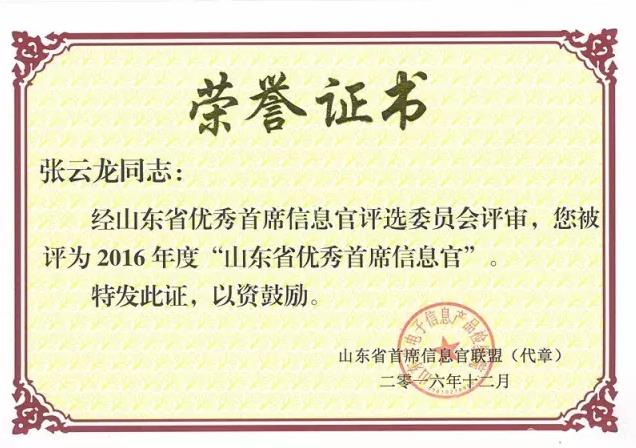 山东省首席信息官联盟颁发的荣誉证书